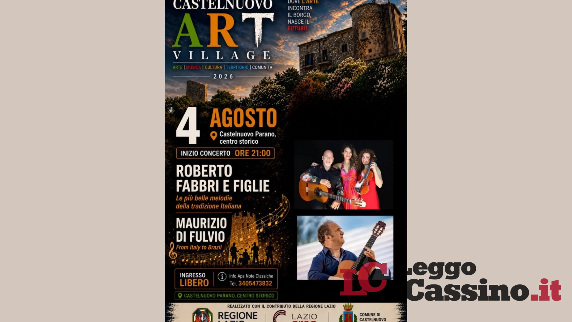 Castelnuovo Parano, la grande musica illumina il borgo: il 4 agosto sul palco Roberto Fabbri e Maurizio Di Fulvio